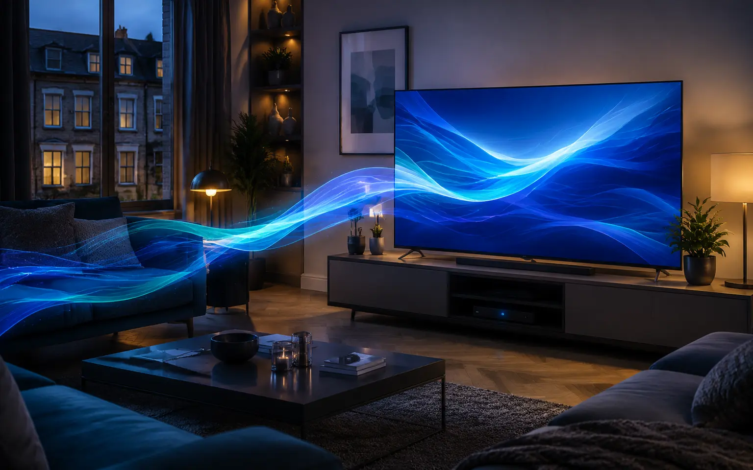 Connected living room prepared for IPTV UK viewing across household devices